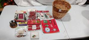 lot 35950 image: Bundle of Christmas items window clings, two packages of gift tags, Door wrap, light bulbs, Christmas costume jewelry