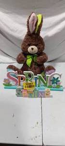 lot 35957 image: Two wooden decorative Spring signs and a stuffed Easter bunny