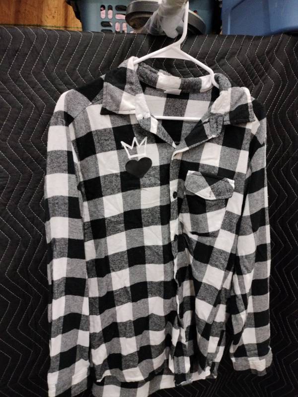 lot 9099 image: Highland Originals Black & White Buffalo Plaid Flannel Button-Up Shirt