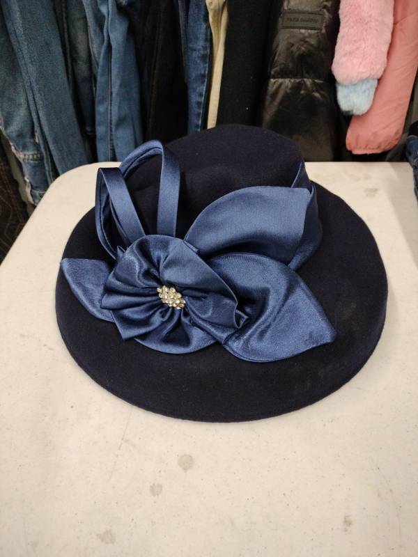 lot 9194 image: Forbusite Navy Wide Brim Felt Hat with Satin Bow and Rhinestone Accent
