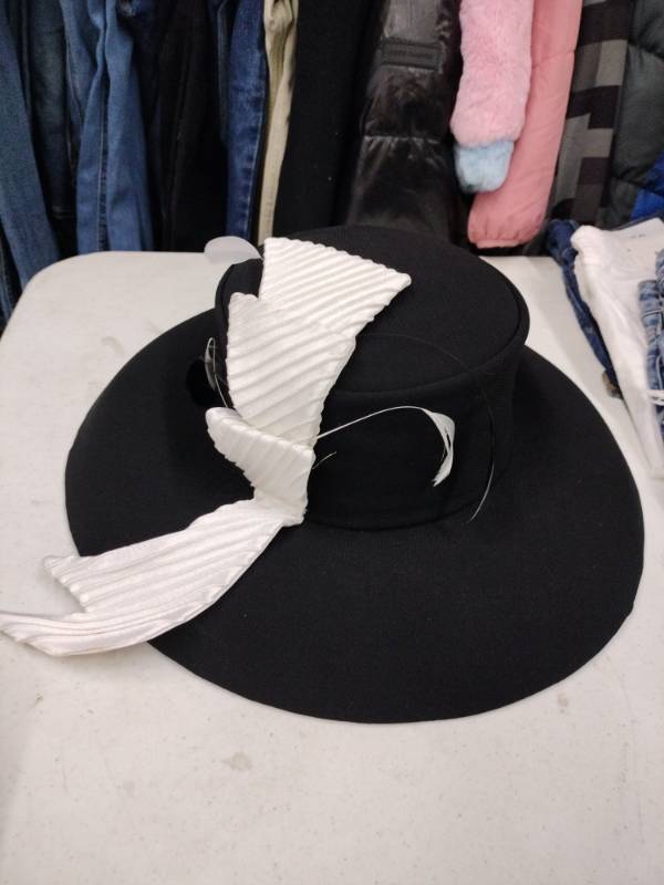 lot 9197 image: Midnight Velvet Black Wide Brim Hat with White Pleated Satin Bow and Feather Accents