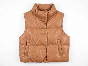 lot 686 image: Love Tree Faux Leather Puffer Vest Size Medium Tan Snap Front