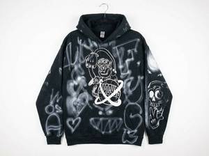 lot 698 image: Black Pullover Hoodie Size M Graffiti Cartoon Design 5050 Cotton Poly