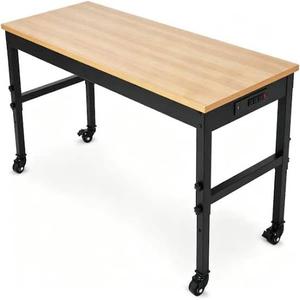 lot 5107 image: 60 x 24 Work Bench, Adjustable Height Workbench, Heavy Duty Rubberwood Tabletop with Lockable Wheels
