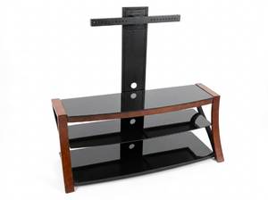 lot 8001 image: Three-Tier TV Stand w Black Glass Shelves, Cherry Wood Legs & Mounting Bracket