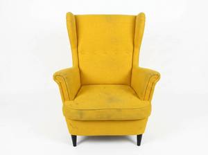 lot 8002 image: Yellow Fabric Wingback Accent Chair with Button-Tufted Back and Black Tapered Legs