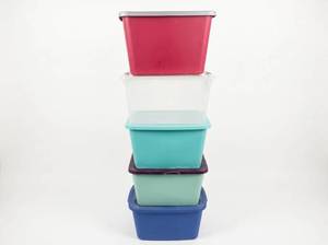 lot 8011 image: Lot of 5 Plastic Storage Totes with Lids in Assorted Colors