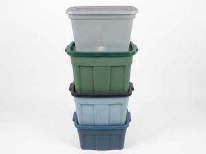lot 8013 image: Lot of 4 Stackable Plastic Storage Totes with Lids - Gray, Green, Light Blue, Dark Blue