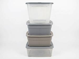 lot 8015 image: Lot of 4 Stackable Plastic Storage Totes with Lids in Clear, Gray and Taupe