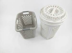 lot 8017 image: Set of 3 Plastic Laundry Baskets Rectangular Gray and Round White w Lid
