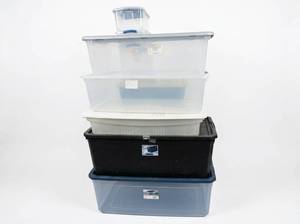 lot 8018 image: Lot of 5 Assorted Plastic Storage Totes w Lids - Sterilite Labeled