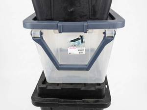 lot 8019 image: Lot of Assorted Plastic Storage Totes Incl. Sterilite, Clear and Black Bins