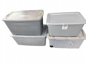 lot 8020 image: Lot of 4 Plastic Storage Totes w Lids incl. Sterilite 30 Gal Wheeled Tote