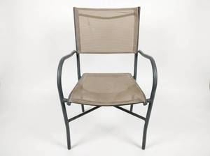 lot 8027 image: Metal Frame Stackable Patio Arm Chair with Tan Sling Seat and Back - 2 Ct.