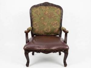 lot 8028 image: Carved Wood Accent Armchair, Green Floral Back, Burgundy Faux Leather Seat
