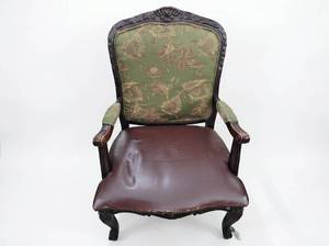 lot 8029 image: Carved Wood Accent Armchair, Green Floral Back, Burgundy Faux Leather Seat
