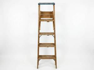 lot 8033 image: 6 Ft Wooden Step Ladder w Blue Metal Top and Spreader Braces
