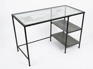 lot 8035 image: Black Metal Frame Desk with Glass Top and Two Gray Wood-Grain Side Shelves