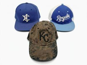 lot 8045 image: Lot of 3 Kansas City Royals Baseball Caps - KC, Script Logo & Camo Style
