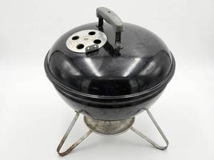 lot 8071 image: Weber 14-Inch Style Portable Charcoal Kettle Grill w Black Porcelain Lid and Tripod Legs