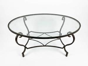 lot 8087 image: Oval Glass Top Coffee Table with Dark Bronze-Tone Metal Frame