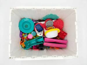 lot 8091 image: Lot of Play-Doh Style Modeling Dough Tools, Molds, Cutters & Tubs in White Bin