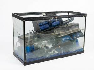lot 8095 image: Rectangular Glass Aquarium Tank with Black Frame, Blue Gravel and Filter Units