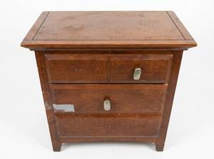 lot 8096 image: Wood Two-Drawer Nightstand with Metal Pulls and Beveled Top
