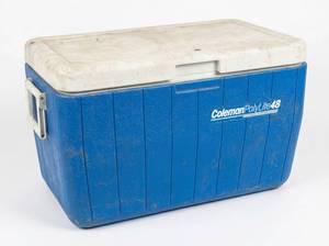 lot 8097 image: Coleman PolyLite 48 Blue Cooler with Assorted DVD Movies