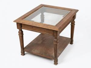 lot 8098 image: Wood Framed Glass Top End Table w Lower Shelf and Fluted Legs