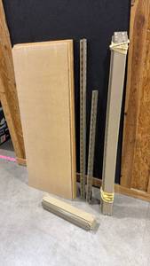 lot 212 image: Gorilla shelving unit complete railing for 4 shelves, includes extra shelf boards for a total of 7 shelves overall size is 84 x 48 x 18 in