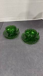 lot 2011 image: Anchor Hocking emerald bubble glass tea cups and saucers 2 sets