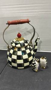 MacKenzie Childs Courtly Check tea kettle and penguin s&p shakers