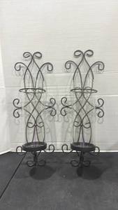 lot 2056 image: Iron scroll wall sconces with glass shades