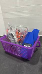 lot 2088 image: Purple basket, bottle koozies and plastic knives