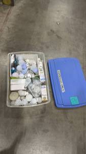 lot 2523 image: Rubbermaid storage tote and lid with lightbulbs