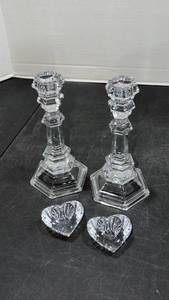 lot 3002 image: Tiffany & Co crystal 8 inch tall candle sticks with heart shaped crystal candle holders