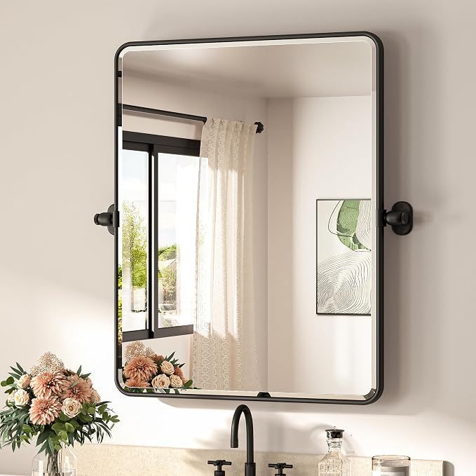 lot 39015 image: Hamilton Hills 20x34 inch Brushed Black Metal Framed Mirror - Pivot Mirrors for Bathrooms - Rounded Corner Rectangular Frame with Tilt Mirror Brackets - Adjustable and Tilting Farmhouse Wall Vanity - Retail $150