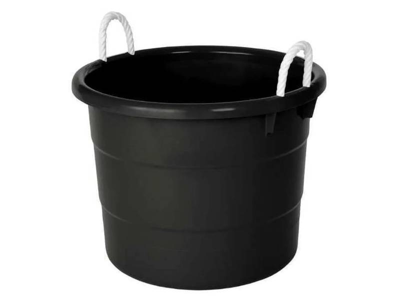 lot 18814 image: 20 Gallon Storage Tub, Round Heavy Duty Plastic Container with Rope Handles, 21.5 x 21.5 x 16.5 inches, 2 Pack - Retail $60