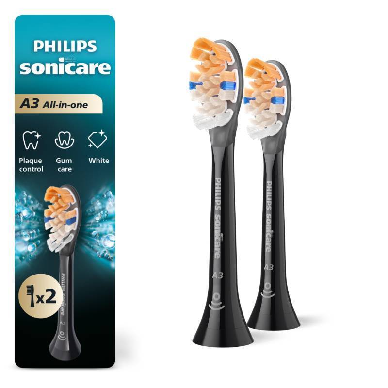 lot 47487 image: Philips Sonicare A3 All-in-One Brush Heads, 2-Pack, 6 Month Supply, Black - Retail $34