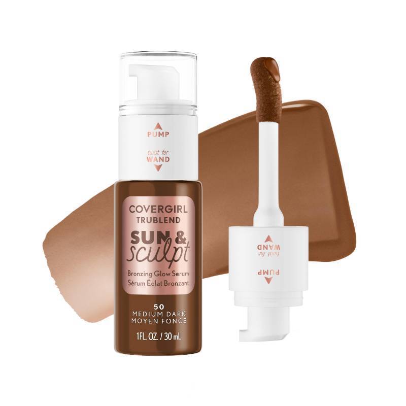 lot 47488 image: COVERGIRL TruBlend Sun & Sculpt Bronzing Glow Serum, Buildable, Radiant Glow, Wand and Pump Applicator - 50 Medium Dark - Retail $11