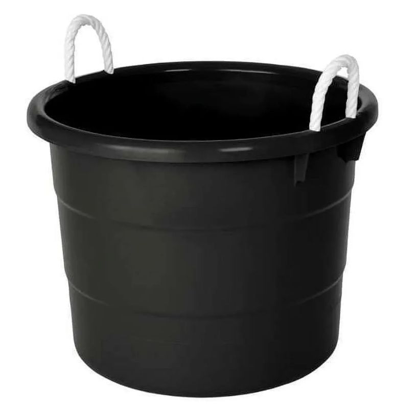 lot 47555 image: 20 Gallon Storage Tub, Round Heavy Duty Plastic Container with Rope Handles, 21.5 x 21.5 x 16.5 inches, 2 Pack - Retail $60