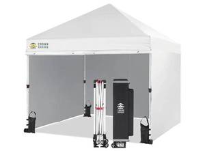 lot 18826 image: CROWN SHADES 10X10 Pop Up Canopy Tent with Sidewalls, Tall Center, White - Retail $260