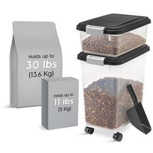 lot 18837 image: IRIS USA 30 lbs & 11 lbs Combo Airtight Dog Food Storage Container  Stackable Treat Box  2-Cup Scoop  Casters  Keep Fresh  Easy Mobility  Black - Retail $35