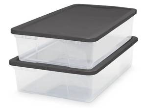 lot 18844 image: HOMZ Clear Plastic Storage Bins w Snaplock Lids, 28 Qt, Gray, 2 Pack, ONE HAS A 2 INCH CRACK. - Retail $37