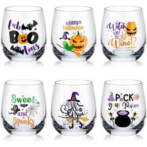 lot 47687 image: Pickmesh 6 Pcs Halloween Wine Glass 12oz Witches Spider Pumpkin Halloween Drinking Stemless Glass Party Gift for Event Birthday Party for Women, Sisters, Friends, Colleagues - Retail $28