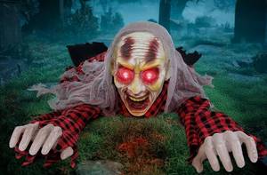 lot 47688 image: Halloween Decoration, Crawling Zombie Figure with Gauze Head Covering and Red Black Plaid Sleeves, DOES NOT POWER ON. - Retail $40