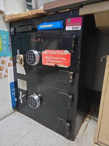 lot 5441 image: Black Steel Depository Drop Safe with Two Electronic Keypad Locks