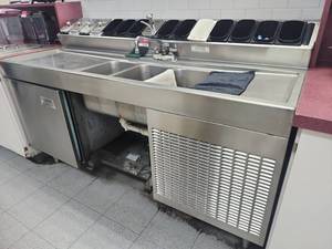lot 5445 image: Stainless Steel 3-Compartment Sink w Drainboards, Topping Rail & Refrigerated Base