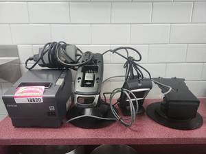 lot 18820 image: Epson Receipt Printer w Honeywell Barcode Scanner &amp 2 POS Stands  Model TM-T88V